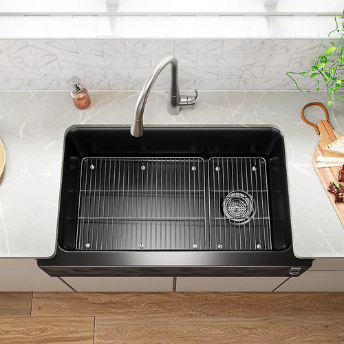 Kohler 34" undermount single-bowl farmhouse kitchen sink with faceted design