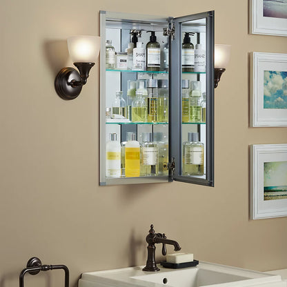 Kohler 15" W x 26" H aluminum single-door medicine cabinet with mirrored door, beveled edges