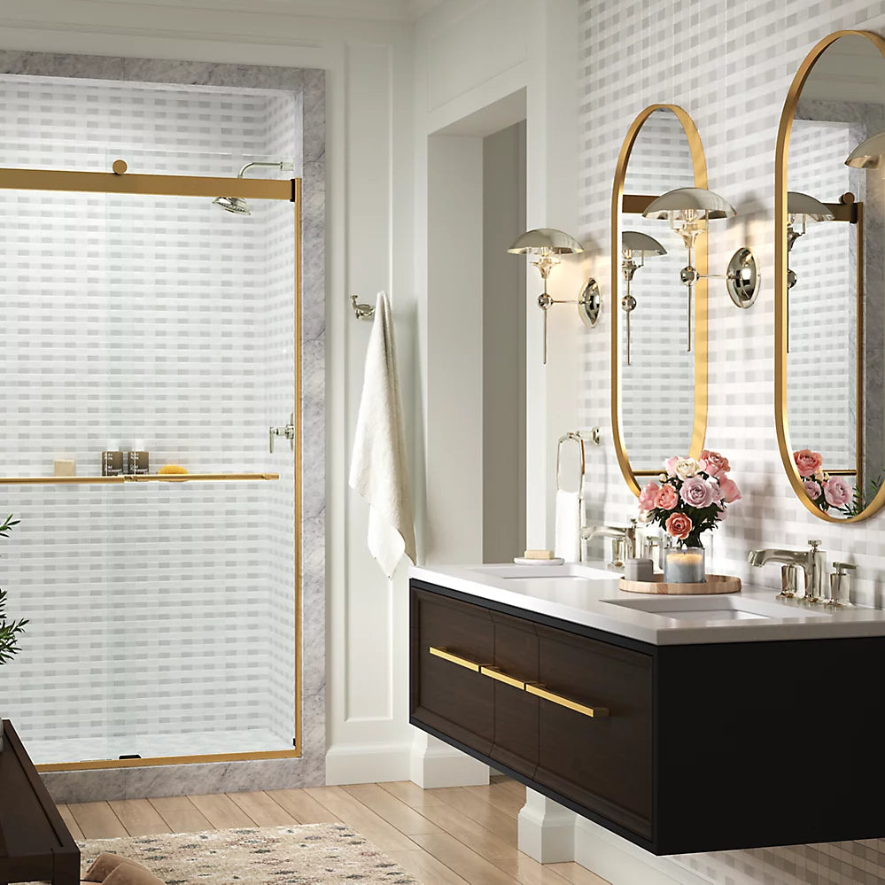 Kohler Frameless sliding shower door, 81-5/8" H x 44-5/8 - 47-5/8" W, with 3/8"-thick Crystal Clear glass