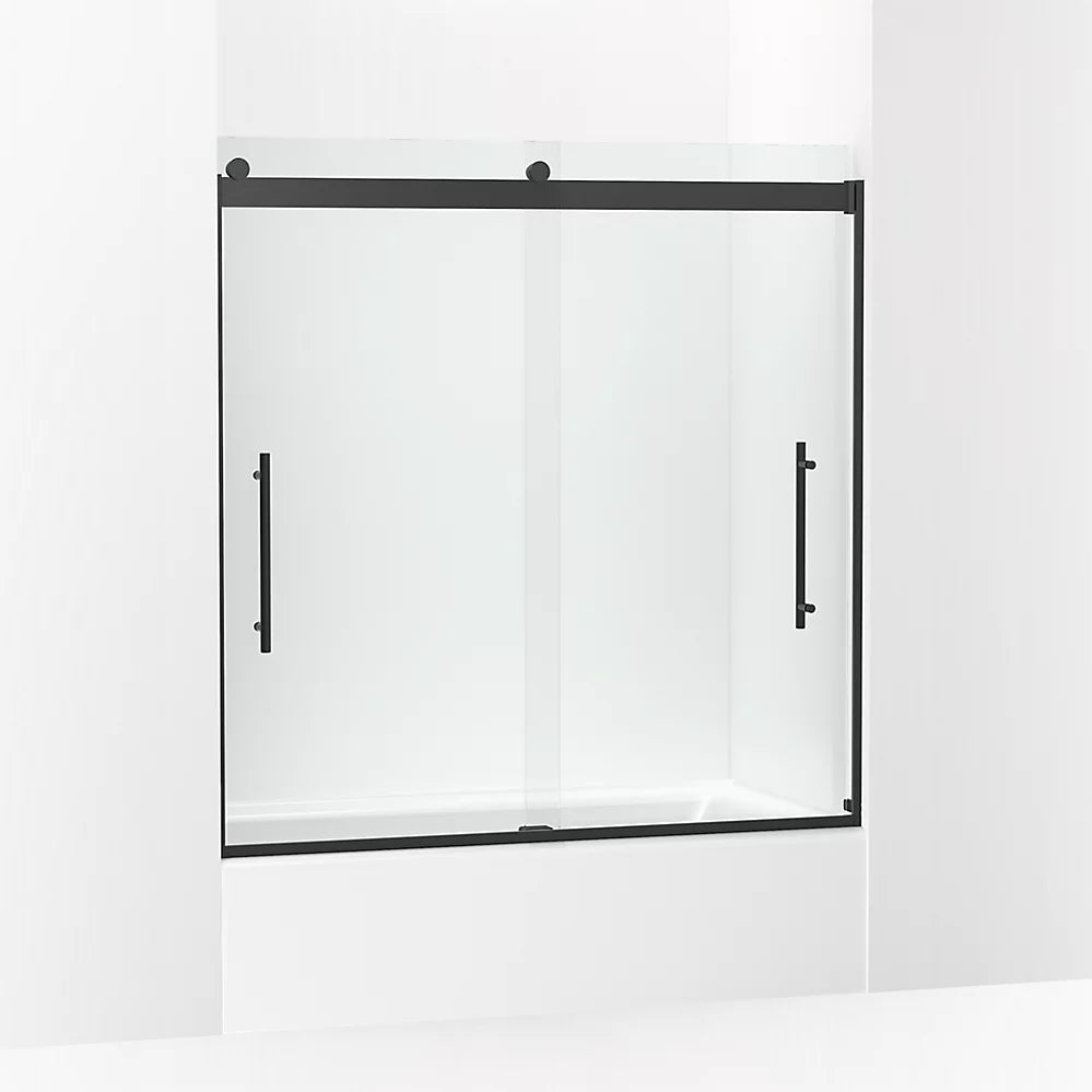 Kohler Frameless sliding bath door, 61-9/16" H x 56-5/8 - 59-5/8" W, with 3/8"-thick Crystal Clear glass