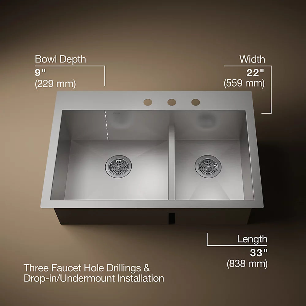Kohler Vault™ Smart Divide® 33" top-/undermount double-bowl kitchen sink