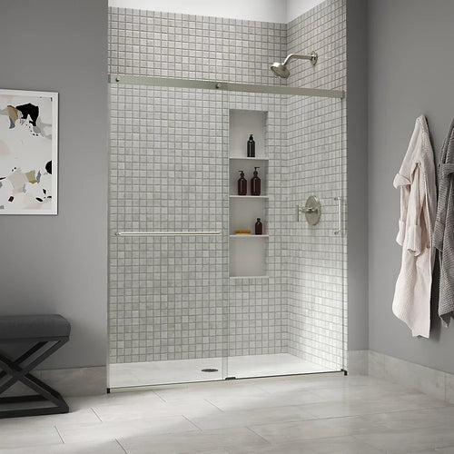 Kohler Sliding shower door, 70-1/2" H x 56-1/4 - 59-5/8" W, with 1/4" thick Crystal Clear glass