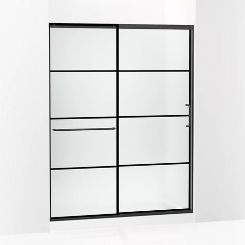 Kohler Sliding shower door, 75-1/2" H x 56-1/4 - 59-5/8" W, with heavy 5/16" thick Frosted glass with rectangular grille pattern