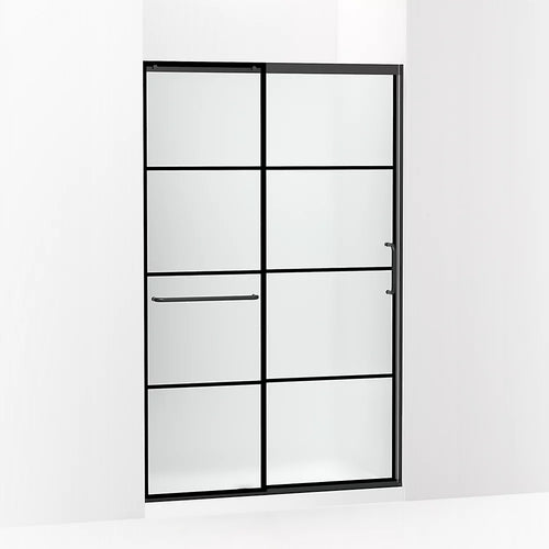 Kohler Sliding shower door, 75-1/2" H x 44-1/4 - 47-5/8" W, with heavy 5/16" thick Frosted glass with rectangular grille pattern