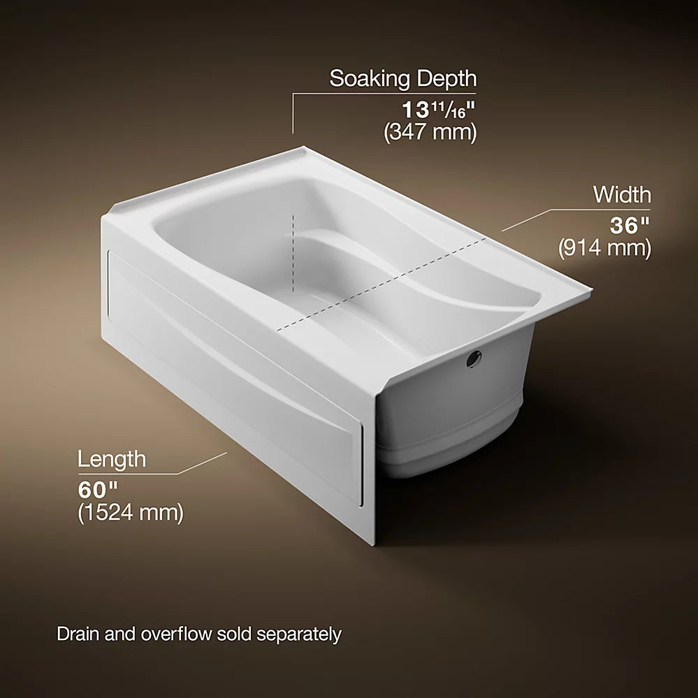 Mariposa® 60" x 36" alcove Heated BubbleMassage™ air bath, right drain