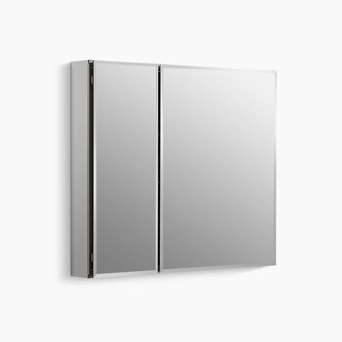 Kohler 30" W x 26" H aluminum two-door medicine cabinet with mirrored doors, beveled edges