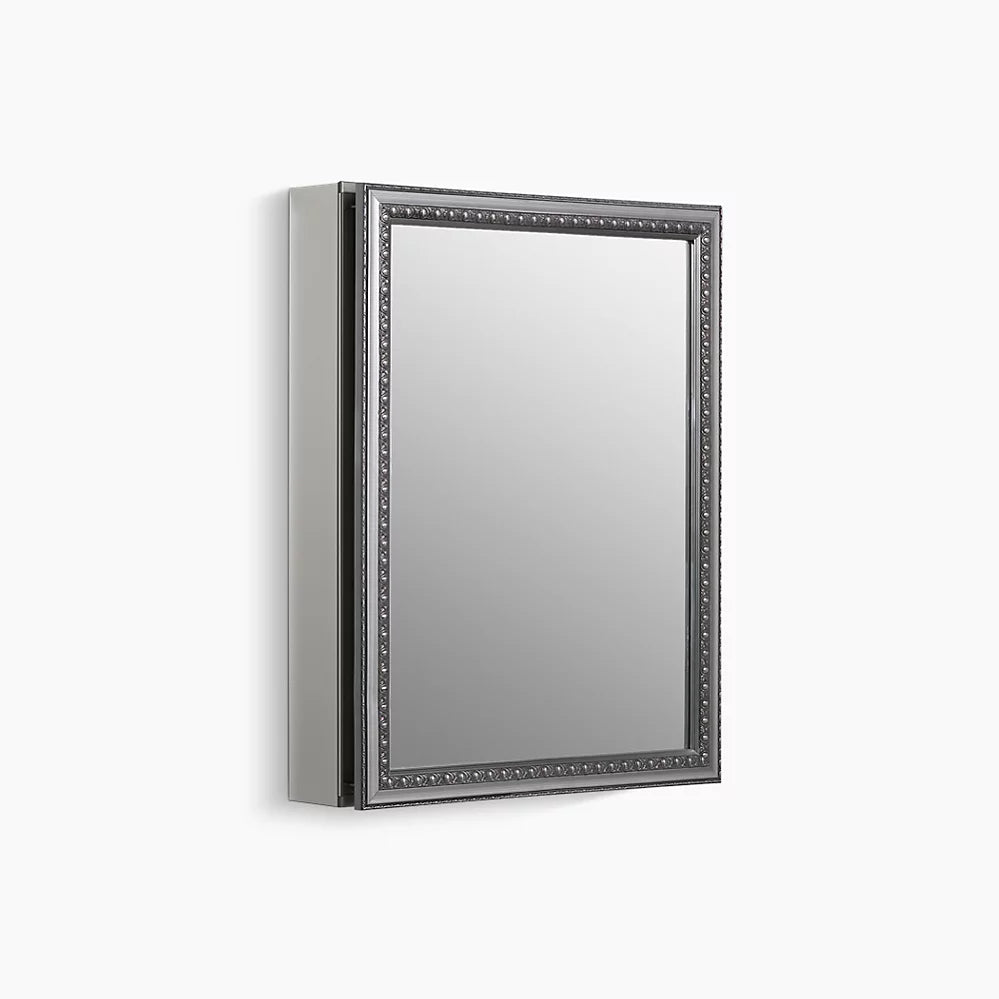 Kohler 20" W x 26" H aluminum single-door medicine cabinet with decorative silver framed mirrored door
