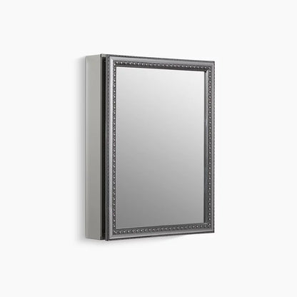 Kohler 20" W x 26" H aluminum single-door medicine cabinet with decorative silver framed mirrored door