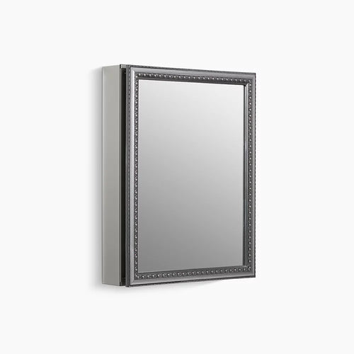 Kohler 20" W x 26" H aluminum single-door medicine cabinet with decorative silver framed mirrored door