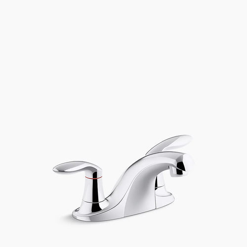 Kohler Two-handle centerset bathroom sink faucet with grid drain, 0.5 gpm vandal-resistant aerator and red/blue indicator