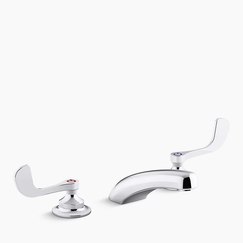 Kohler 0.5 gpm widespread bathroom sink faucet with aerated flow and wristblade handles, drain not included