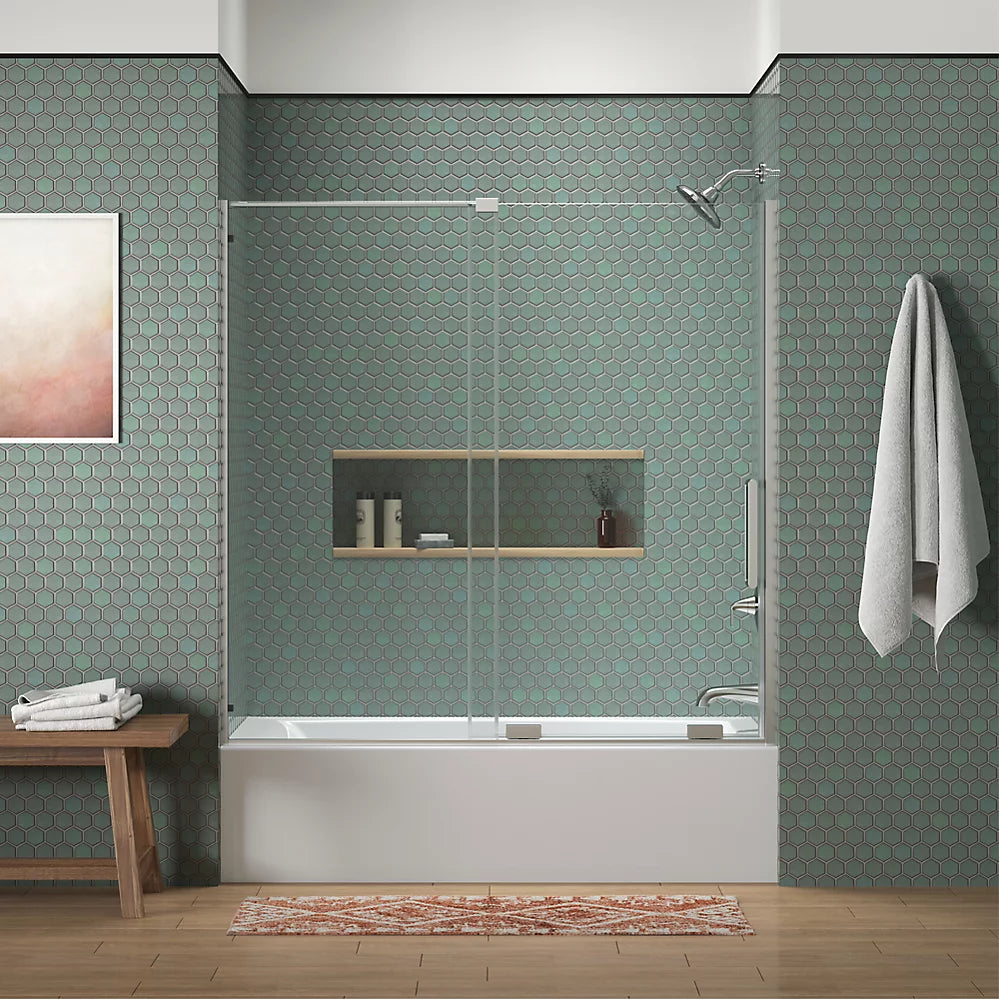 Kohler Sliding bath door, 58-1/4" H x 55-3/4 - 59-3/4" W, with 5/16" thick Crystal Clear glass