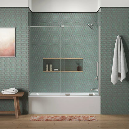 Kohler Sliding bath door, 58-1/4" H x 55-3/4 - 59-3/4" W, with 5/16" thick Crystal Clear glass