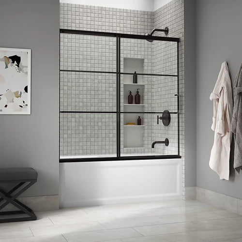 Kohler Sliding bath door, 56-3/4" H x 56-1/4 - 59-5/8" W with heavy 5/16" thick Crystal Clear glass with rectangular grille pattern