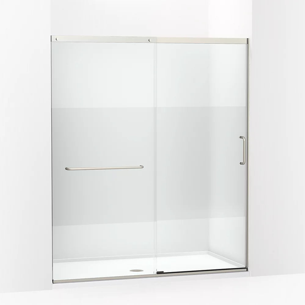 Kohler Sliding shower door, 75-1/2" H x 62-1/4 - 65-5/8" W with heavy 5/16" thick Crystal Clear glass with privacy band