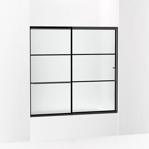 Kohler Sliding bath door, 56-3/4" H x 56-1/4 - 59-5/8" W with heavy 5/16" thick Frosted glass with rectangular grille pattern