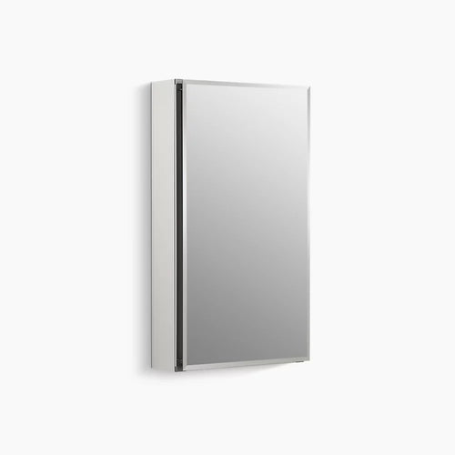 Kohler 15" W x 26" H aluminum single-door medicine cabinet with mirrored door, beveled edges