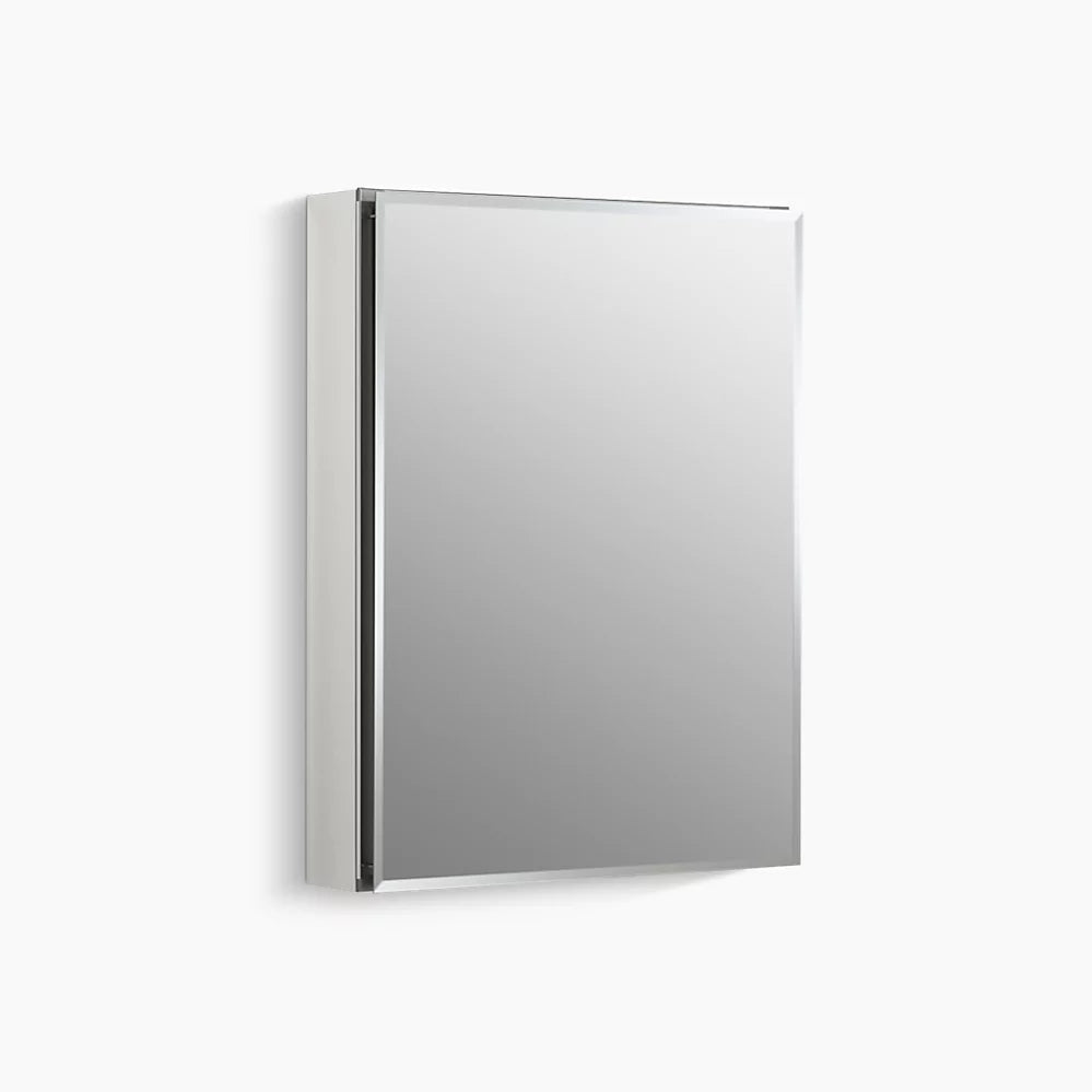Kohler 20" W x 26" H aluminum single-door medicine cabinet with mirrored door, beveled edges