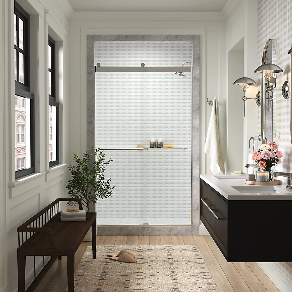 Kohler Frameless sliding shower door, 77-9/16" H x 44-5/8 - 47-5/8" W, with 5/16"-thick Crystal Clear glass
