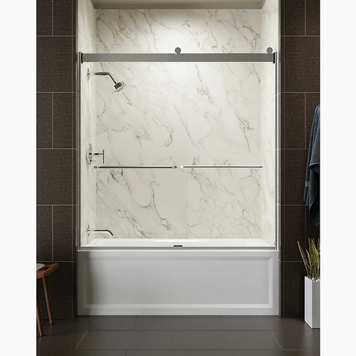 Kohler Sliding bath door, 62" H x 56-5/8 - 59-5/8" W, with 1/4" thick Crystal Clear glass