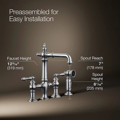Kohler Two-hole bridge bar sink faucet with side sprayer