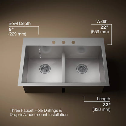 Kohler Vault™ Smart Divide® 33" top-/undermount double-bowl kitchen sink
