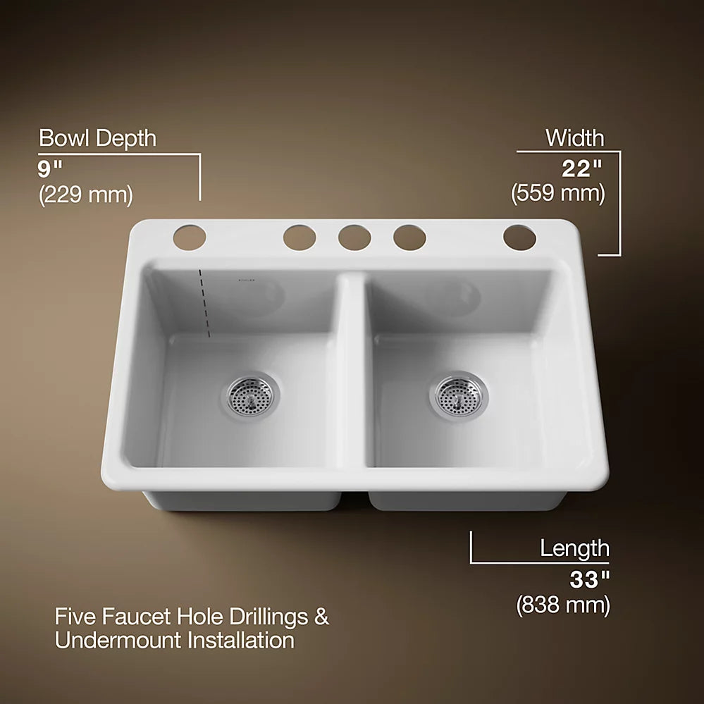Kohler Riverby® 33" undermount double-bowl workstation kitchen sink