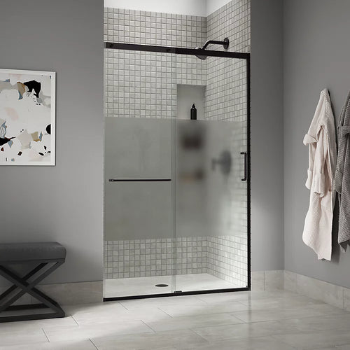 Kohler Sliding shower door, 75-1/2" H x 44-1/4 - 47-5/8" W, with heavy 5/16" thick Crystal Clear glass with privacy band