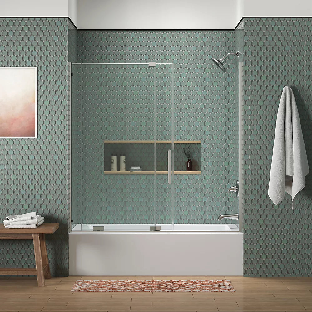 Kohler Sliding bath door, 58-1/4" H x 55-3/4 - 59-3/4" W, with 5/16" thick Crystal Clear glass