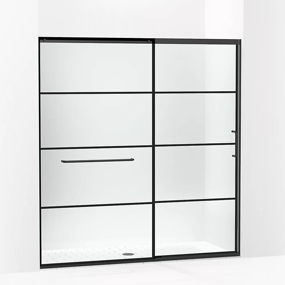 Kohler Sliding shower door, 75-1/2" H x 68-1/4 - 71-5/8" W, with heavy 5/16" thick Crystal Clear glass with rectangular grille pattern