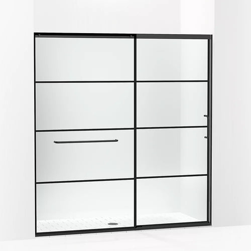 Kohler Sliding shower door, 75-1/2" H x 68-1/4 - 71-5/8" W, with heavy 5/16" thick Crystal Clear glass with rectangular grille pattern