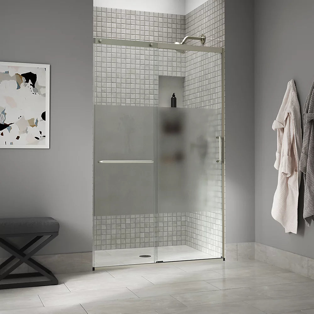 Kohler Sliding shower door, 75-1/2" H x 44-1/4 - 47-5/8" W, with heavy 5/16" thick Crystal Clear glass with privacy band
