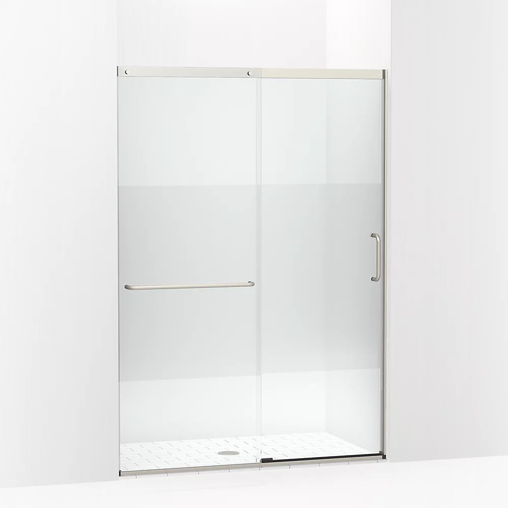 Kohler Sliding shower door, 75-1/2" H x 50-1/4 - 53-5/8" W, with heavy 5/16" thick Crystal Clear glass with privacy band