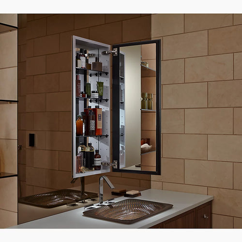 Kohler 15" W x 36-1/8" H aluminum single-door medicine cabinet with 170 degree hinge