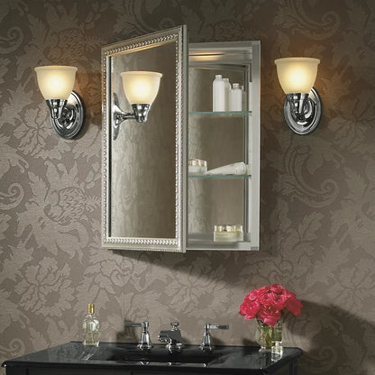 Kohler 20" W x 26" H aluminum single-door medicine cabinet with decorative silver framed mirrored door