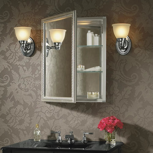 Kohler 20" W x 26" H aluminum single-door medicine cabinet with decorative silver framed mirrored door
