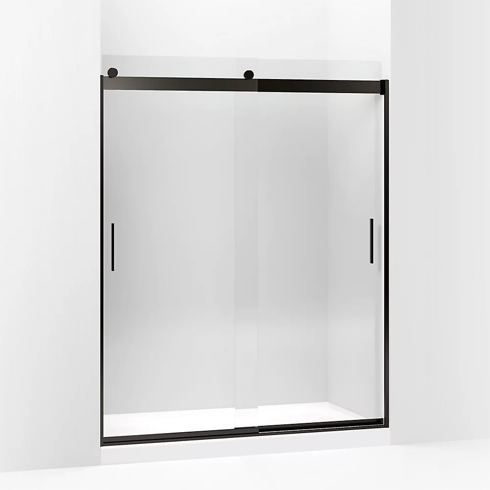 Kohler Sliding shower door, 74" H x 56-5/8 - 59-5/8" W, with 1/4" thick Crystal Clear glass