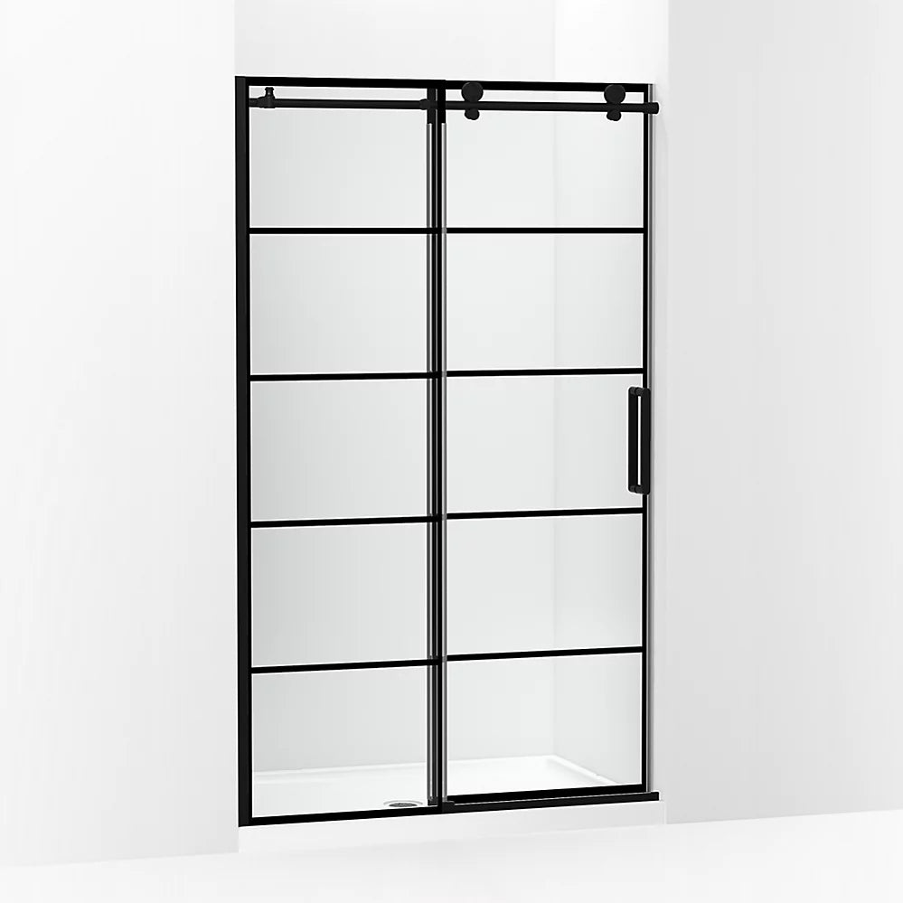 Kohler Sliding shower door, 78" H x 44-1/8 - 47-7/8" W, with 3/8" thick Crystal Clear glass with rectangular grille pattern