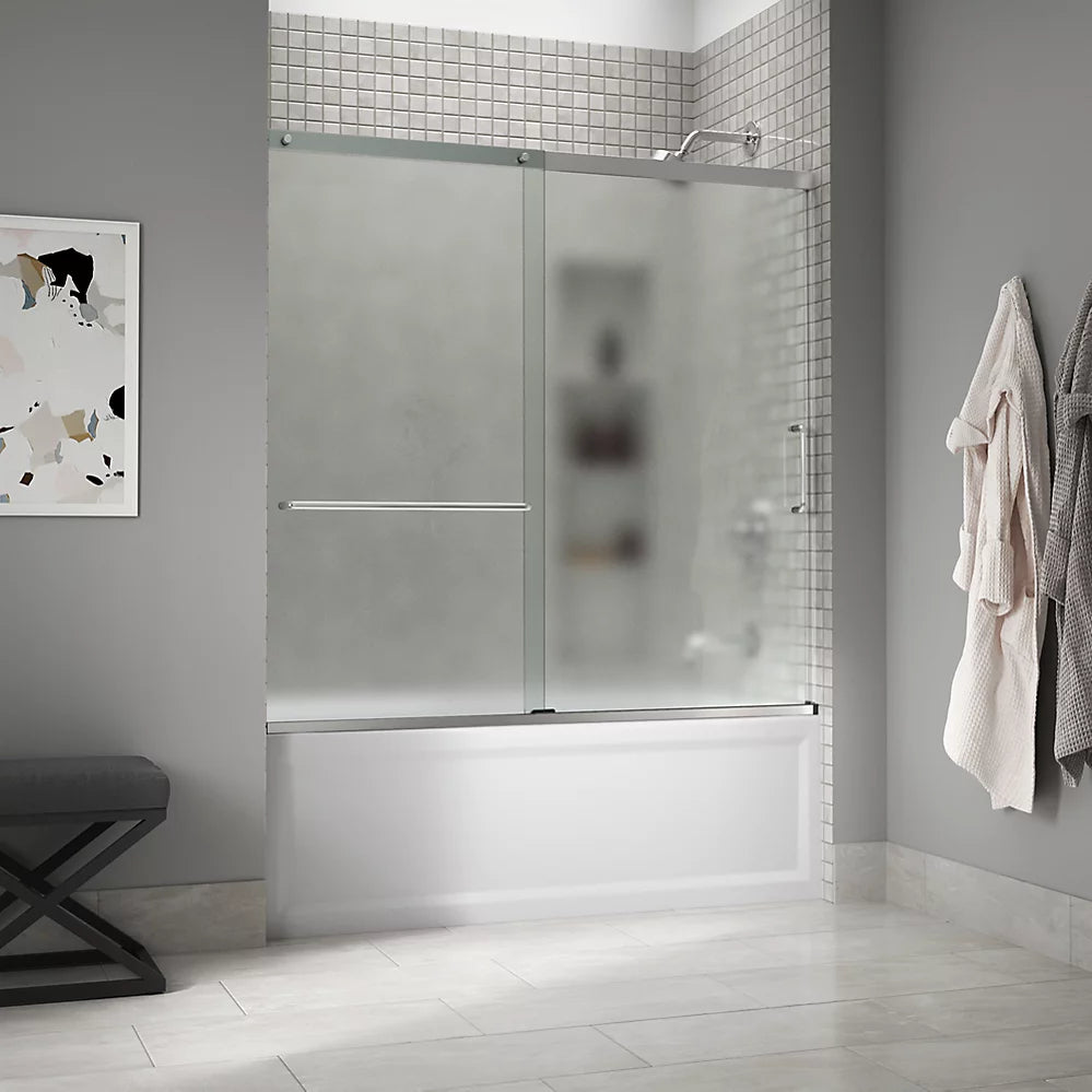 Kohler Sliding bath door, 56-3/4" H x 56-1/4 - 59-5/8" W, with 1/4" thick Frosted glass