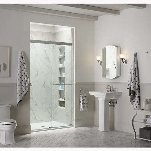 Kohler Sliding shower door, 70" H x 56-5/8 - 59-5/8" W, with 5/16" thick Crystal Clear glass