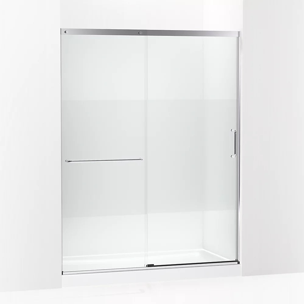Kohler Sliding shower door, 75-1/2" H x 56-1/4 - 59-5/8" W, with heavy 5/16" thick Crystal Clear glass with privacy band