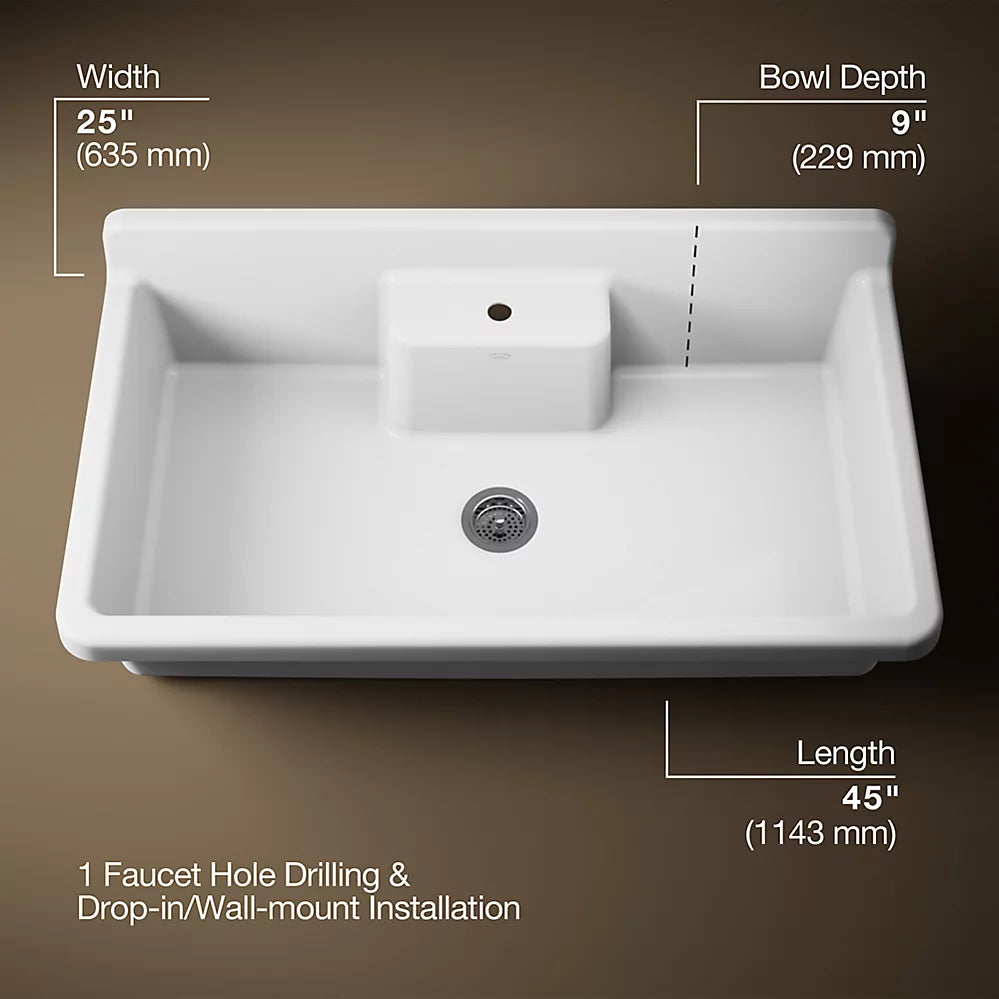 Kohler Farmstead® 45" top-/wall-mount single-bowl workstation farmhouse kitchen sink