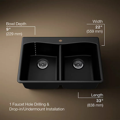 Kohler Kennon® 33" top-/undermount double-bowl kitchen sink