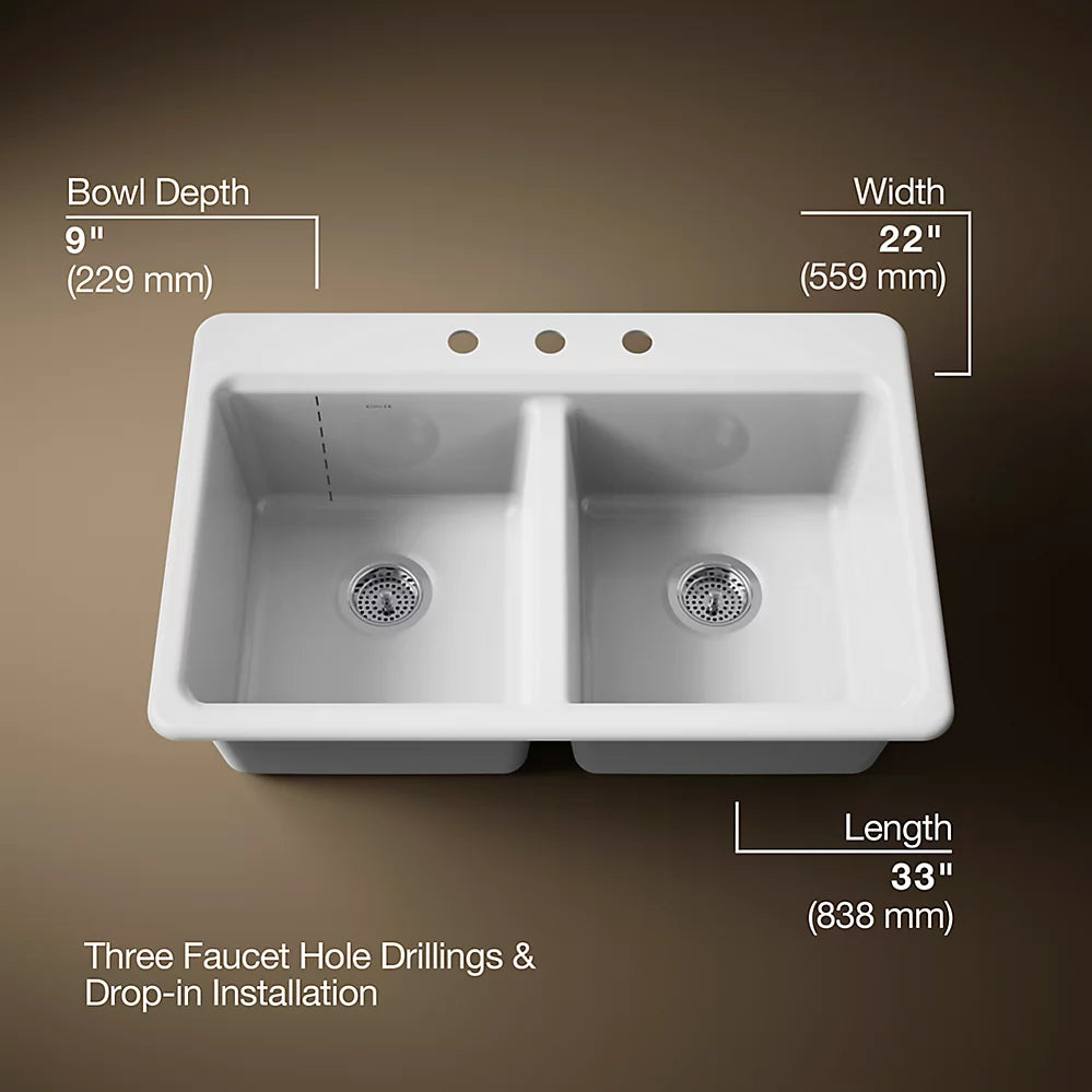 Kohler Riverby® 33" top-mount double-bowl kitchen sink