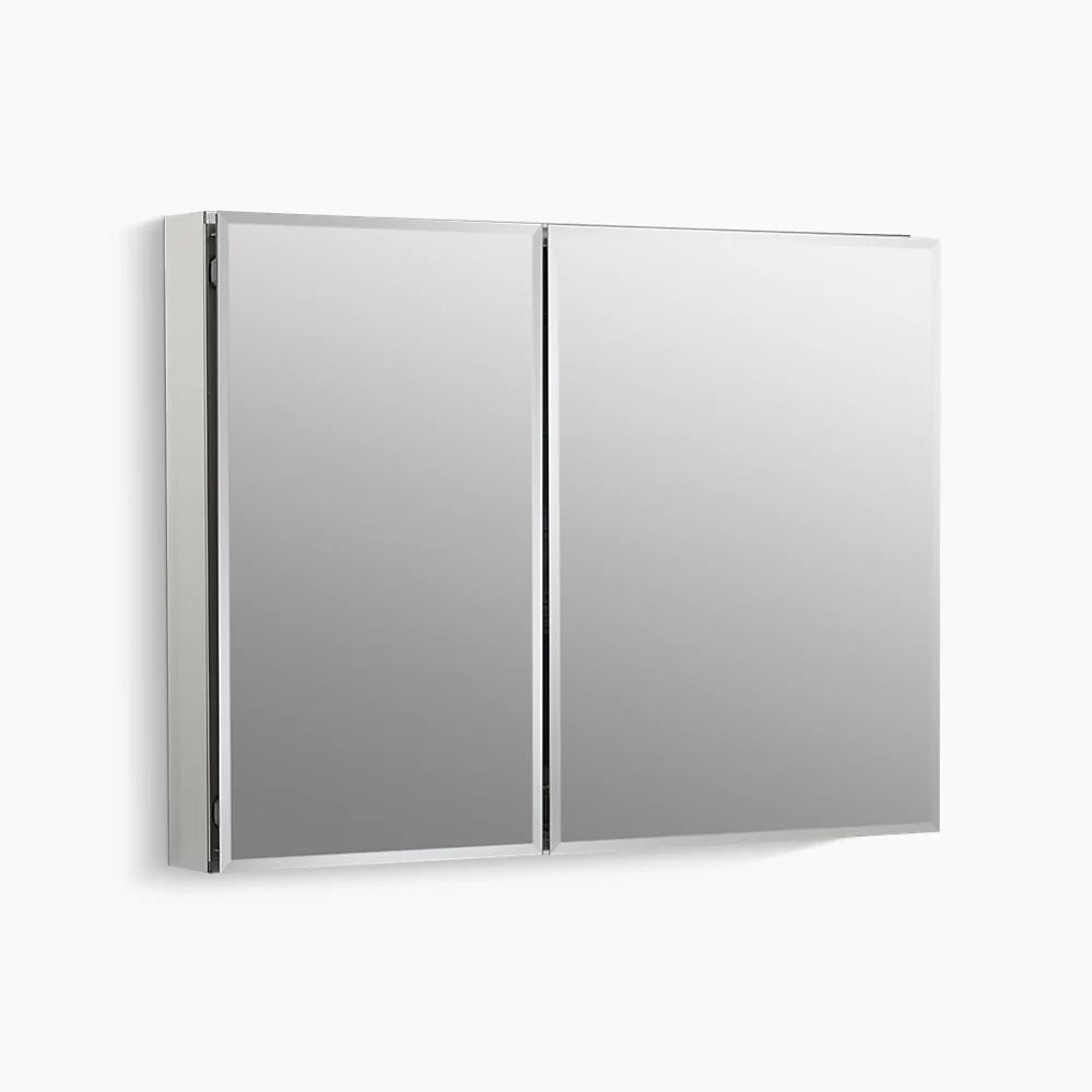 Kohler 35" W x 26" H aluminum two-door medicine cabinet with mirrored doors, beveled edges