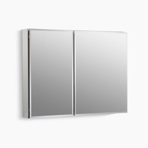 Kohler 35" W x 26" H aluminum two-door medicine cabinet with mirrored doors, beveled edges