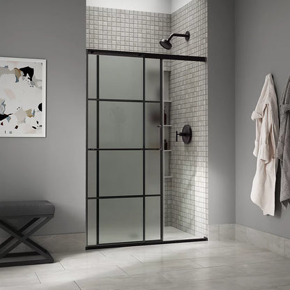 Kohler Sliding shower door, 75-1/2" H x 62-1/4 - 65-5/8" W, with heavy 5/16" thick Frosted glass with rectangular grille pattern
