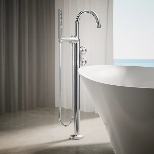 Kohler Floor-mount bath filler trim with industrial handles and handshower
