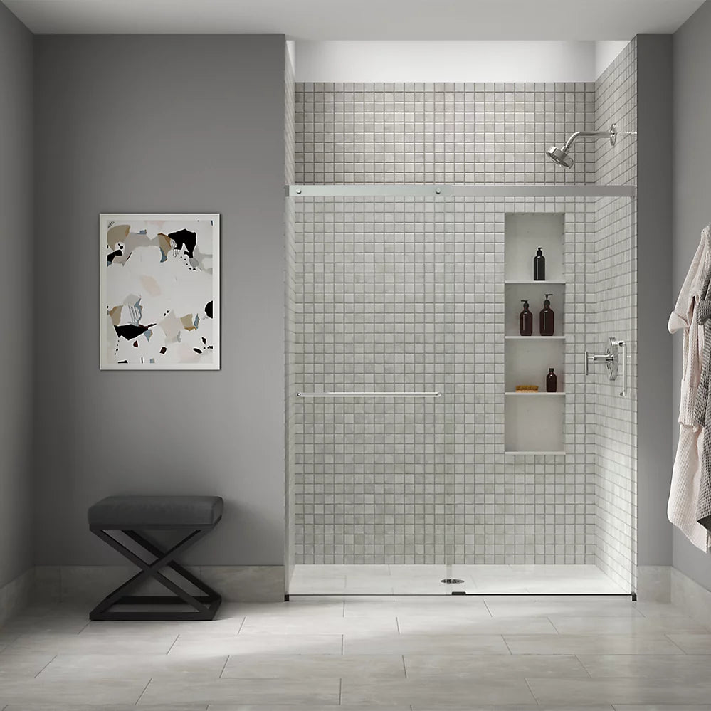 Kohler Sliding shower door, 70-1/2" H x 56-1/4 - 59-5/8" W, with 1/4" thick Crystal Clear glass