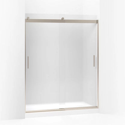 Kohler Sliding shower door, 74" H x 56-5/8 - 59-5/8" W, with 1/4" thick Frosted glass and blade handles